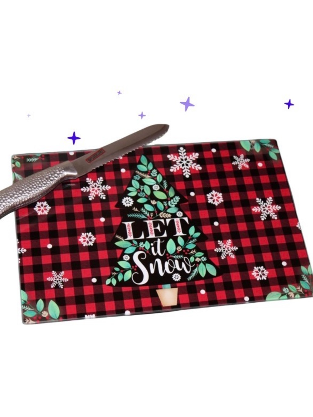 Nantucket Holiday 'Let It Snow' Buffalo Plaid Glass Cutting Board 11”x7”